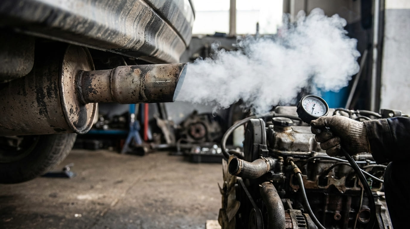 Can bad piston rings cause white exhaust smoke?