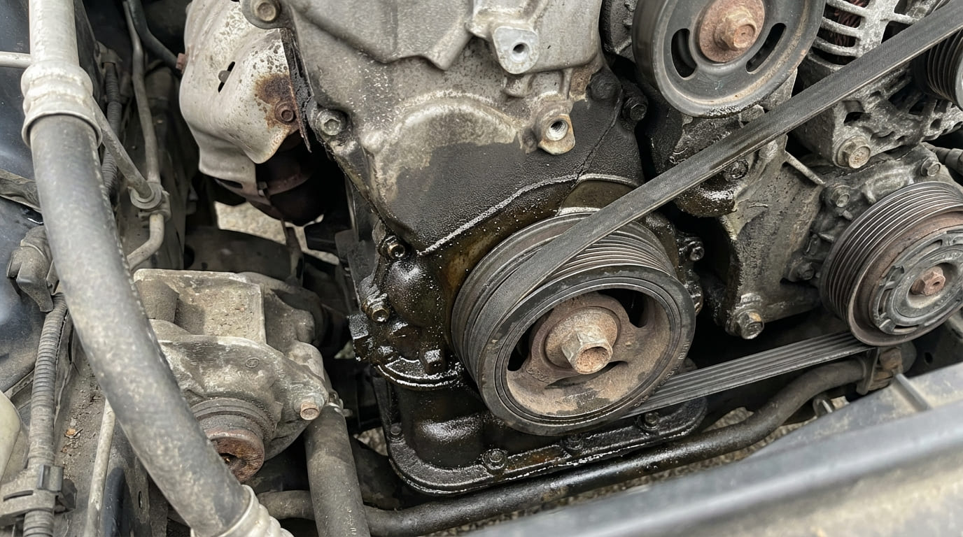 What are the signs of a front crankshaft seal leak?