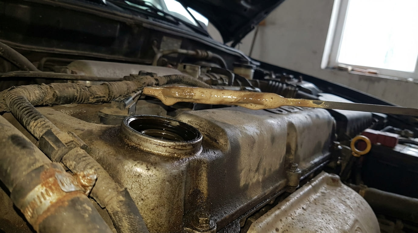 What causes a milky substance in engine oil?