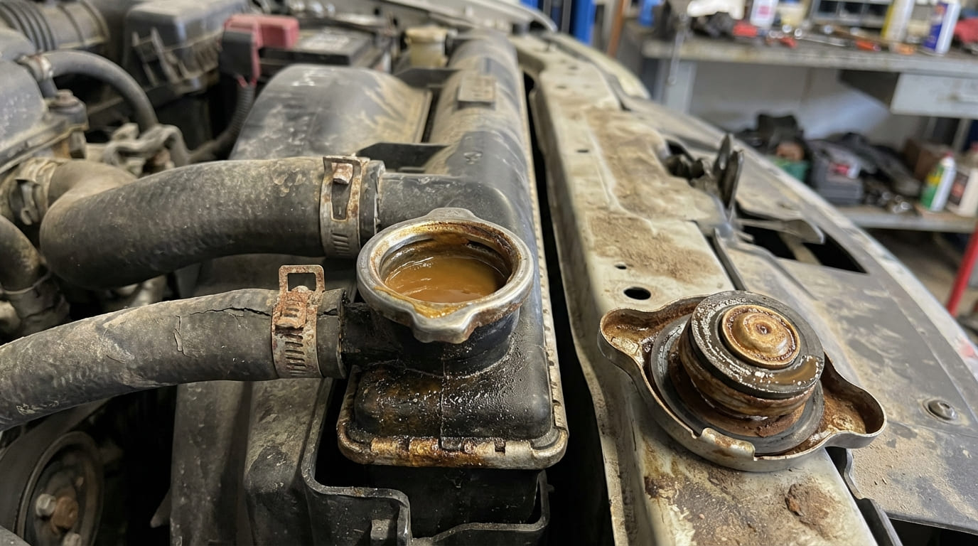 What causes coolant to turn brown or rusty?