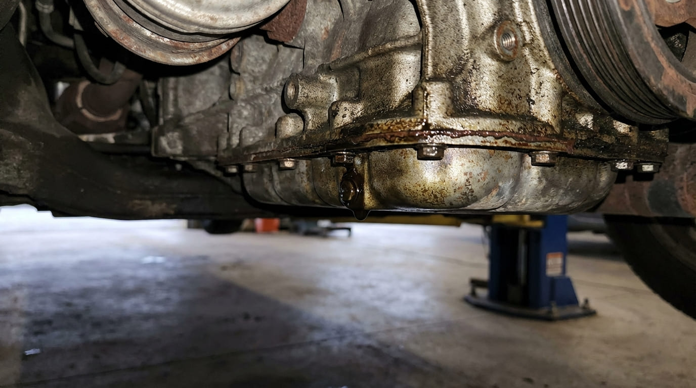 What causes oil pan gasket leaks or oil dripping from the bottom of the engine?