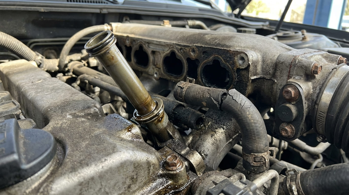 What causes oil to be expelled from the dipstick tube or accumulation in the intake manifold?