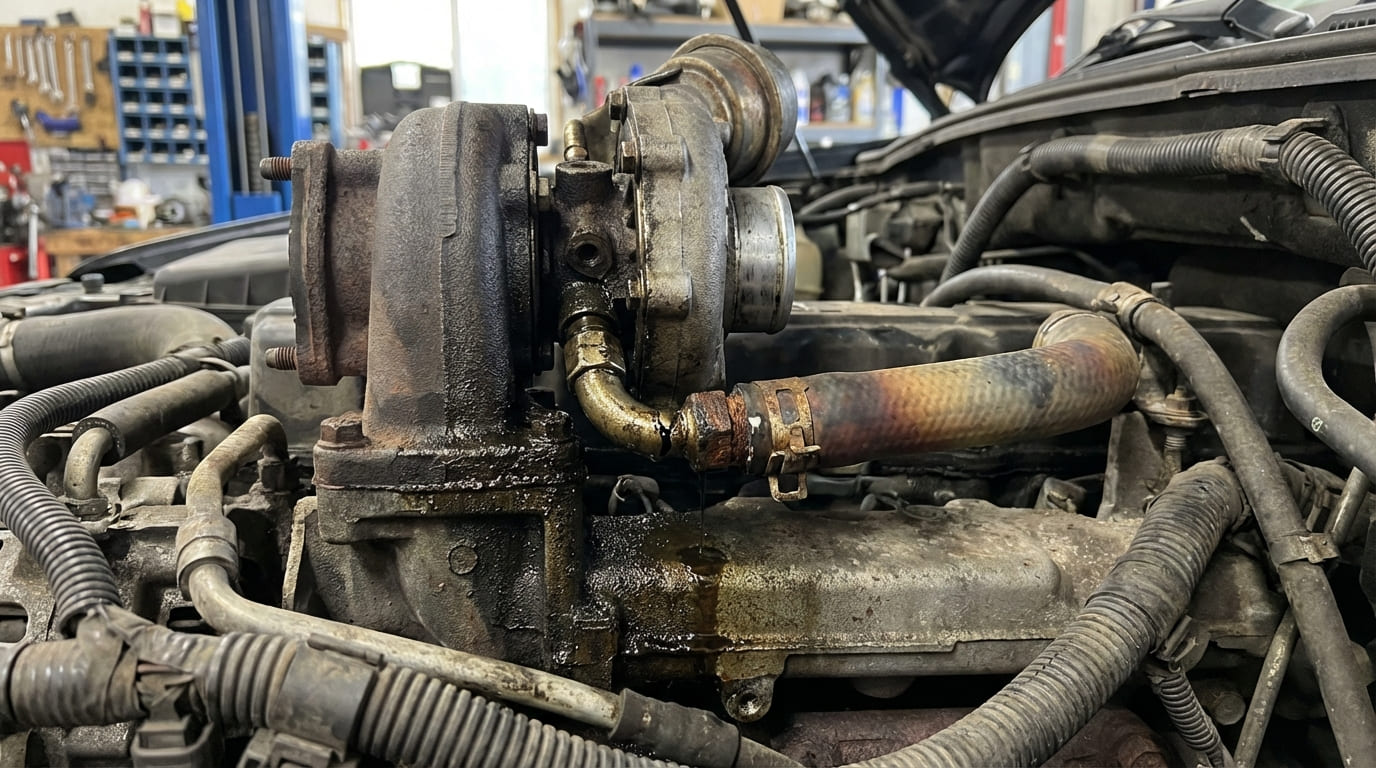 What causes turbocharger failure or oil leaks in diesel engines?
