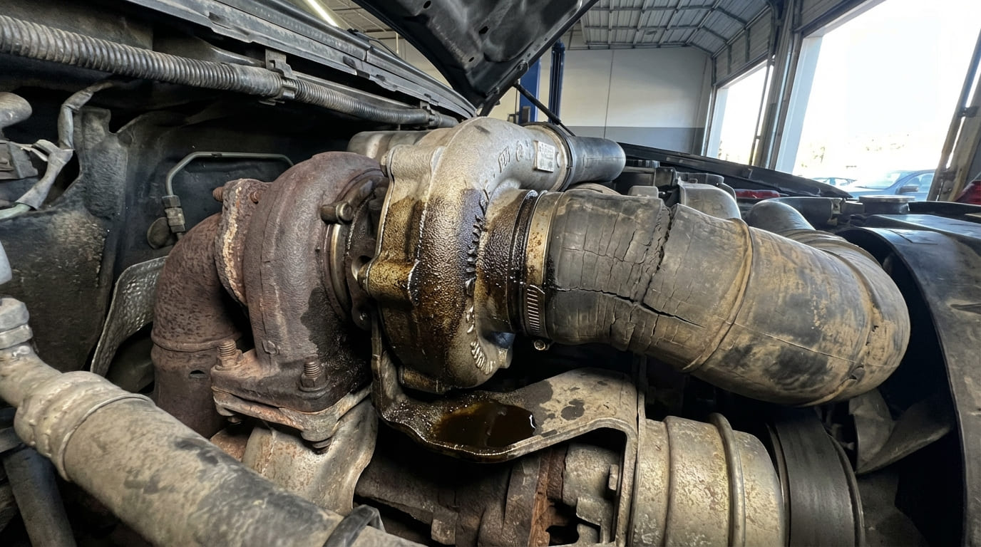 What causes turbocharger whistling, unusual noises, or oil leaks?